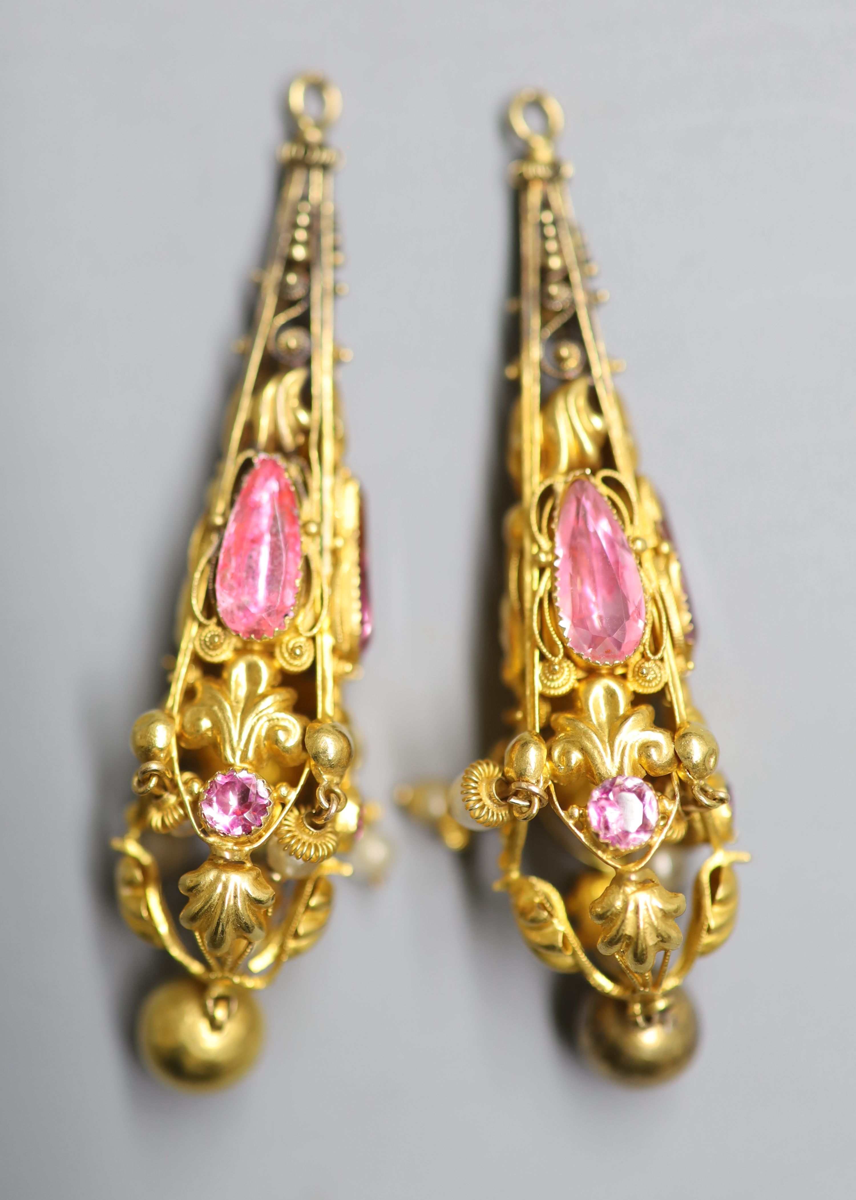 A pair of Victorian pierced yellow metal, foil back pink paste and simulated pearl set drop earrings, 60mm, gross 10.8 grams.